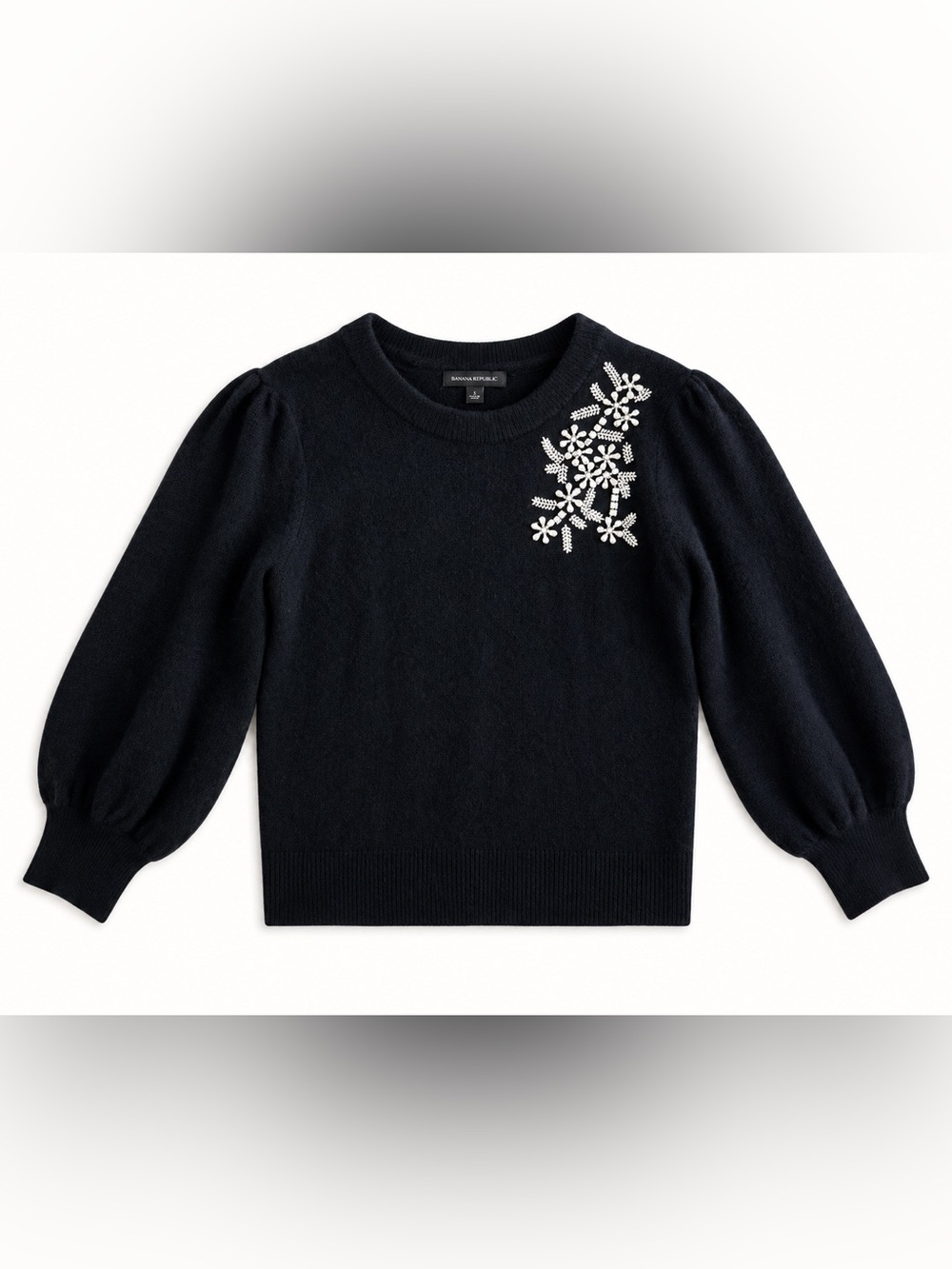 Banana Republic Black Crewneck Sweater with White Floral Beading